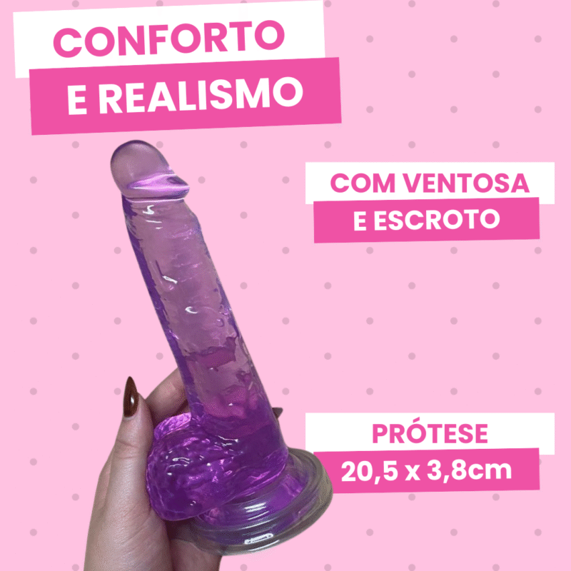 pênis prótese 20,5cm x 3,8cm em silicone jelly com ventosa e escroto roxo
