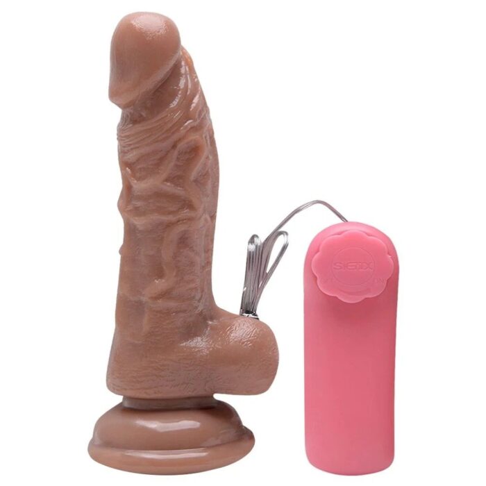pênis realístico 13,4 x 3,1cm com escroto e vibrador multivelocidade