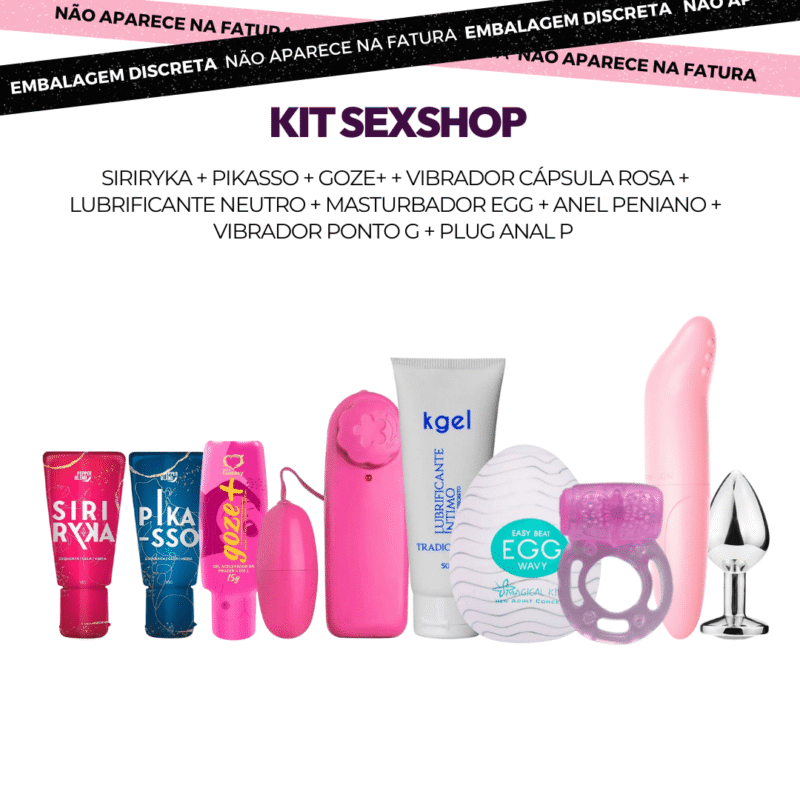 kit sexshop 9 itens excitantes, intensificadores, vibrador, masturbador, anel peniano e plug anal p