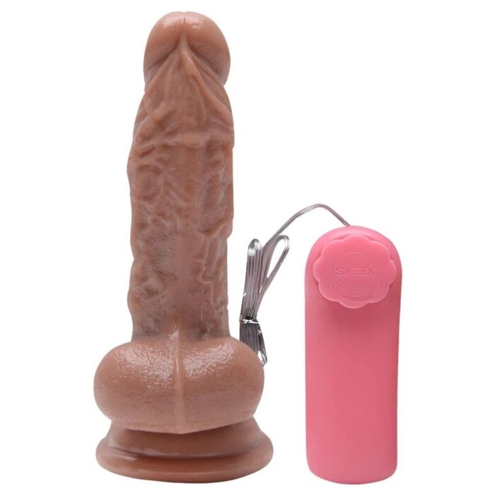 pênis realístico 13,4 x 3,1cm com escroto e vibrador multivelocidade