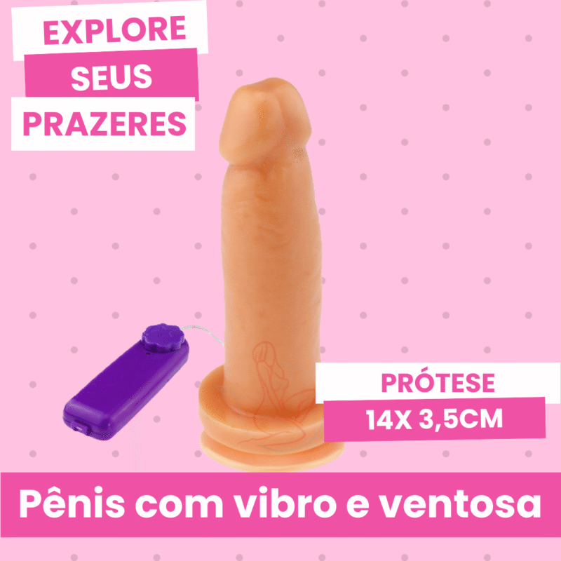 pênis prótese realistica 14 x 3,5cm com vibrador e ventosa