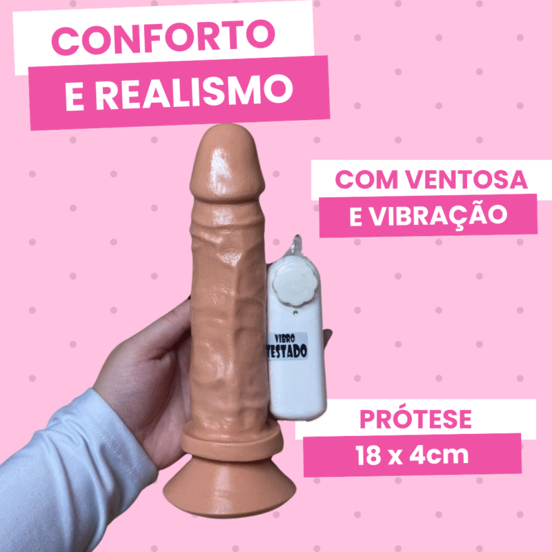 pênis prótese realística 18 x 4 cm com vibrador e ventosa