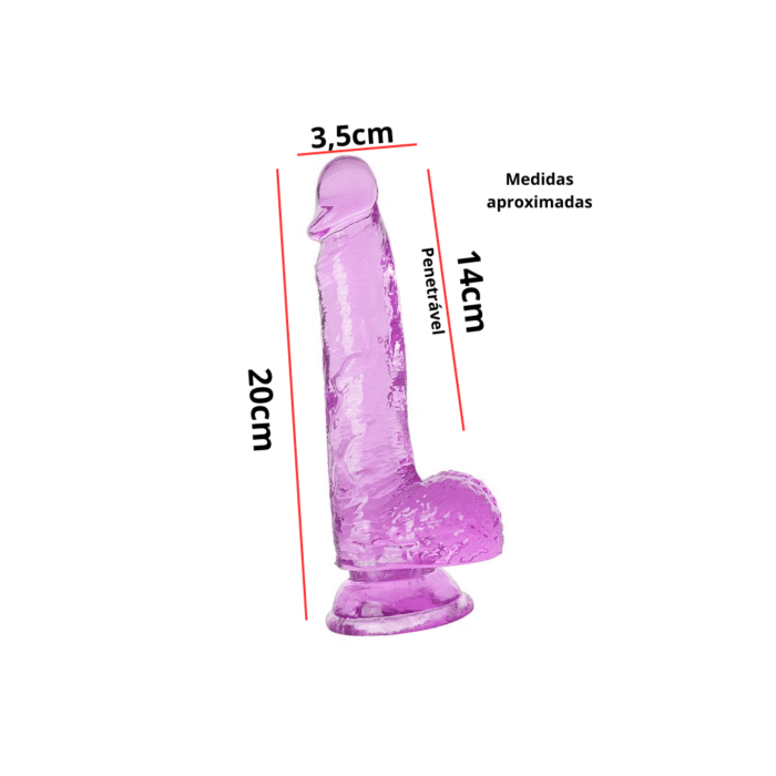 pênis prótese 20,5cm x 3,8cm em silicone jelly com ventosa e escroto roxo