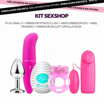 kit sexshop plug anal p + vibrador ponto g liso + masturbador egg + anel peniano + vibrador bullet cápsula rosa